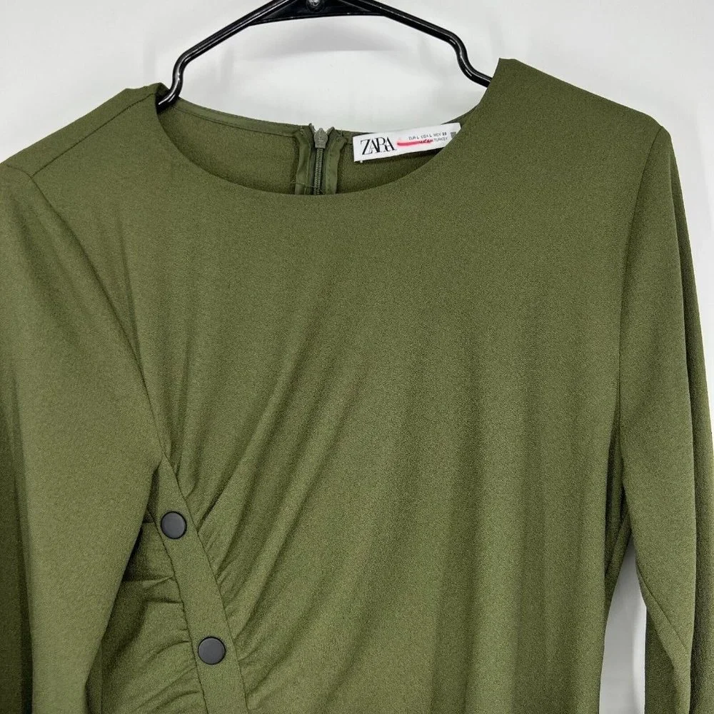 Zara Dress Green Button Front Crepe Long Sleeve Draped Midi - Picture 3 of 11